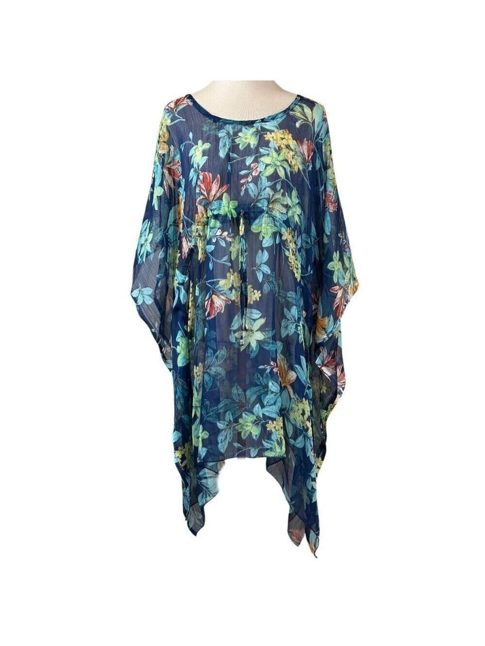 Sunflower Blue Floral Chiffon Sheer Kaftan Swim Cover-Up Size OS